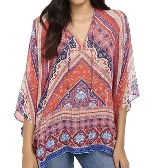 Hale Bob Dija Silk Colorful Abstract Pullover Top Drop Sleeve Boho Size XS - Picture 1 of 8